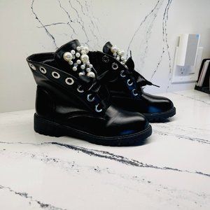 Chunky Black Boots with Pearl and Rhinestone